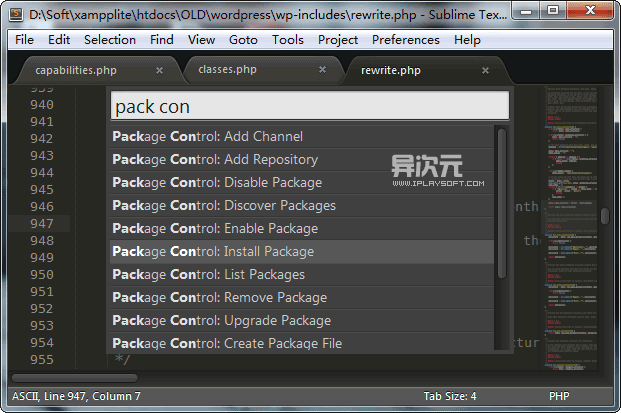 成功安装 Package Control 之后,在命令面板里会出现以其命名开头的一系列命令